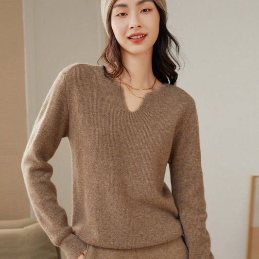 Women's V Neck Cashmere Sweater Rib Knit Cashmere Pullover Tops - slipintosoft